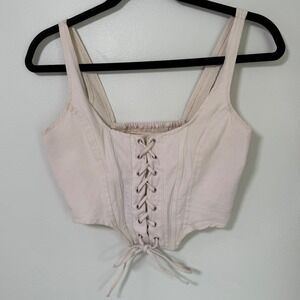 Lone Star Women Cream Cotton Lace Up Corset Crop Top Smocked Back Size S